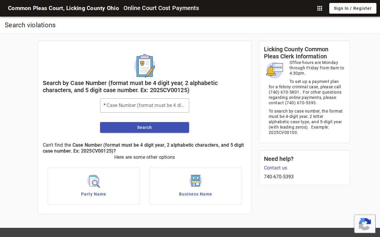 Licking County case lookup Common Pleas online payment search fields