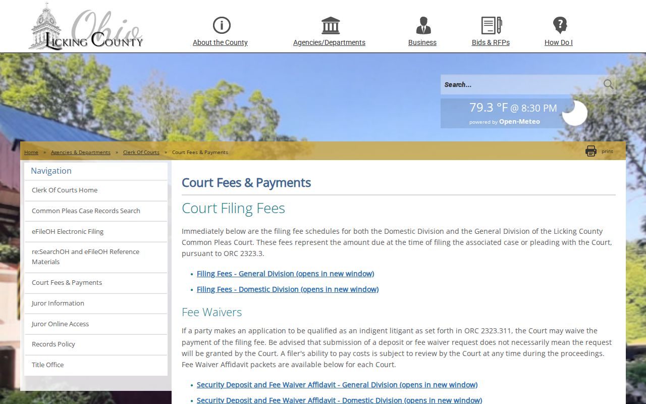 Licking County civil docket Common Pleas fees source