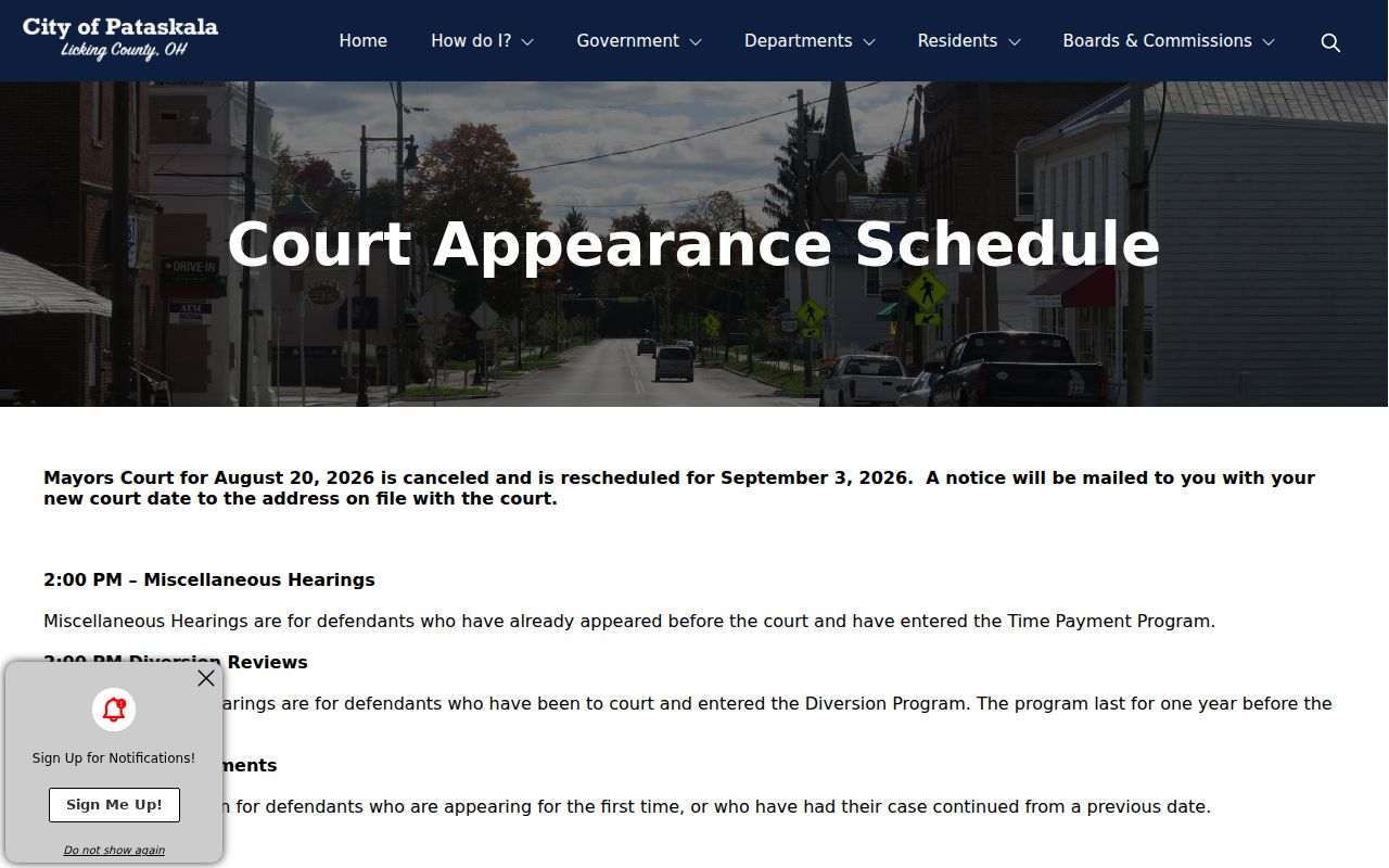 Licking County court calendar Pataskala Mayor's Court appearance schedule