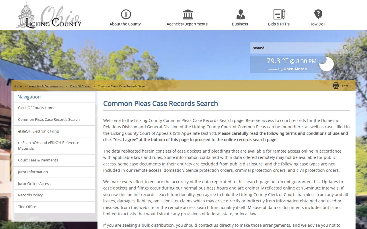 Licking County court docket Common Pleas remote-search terms page